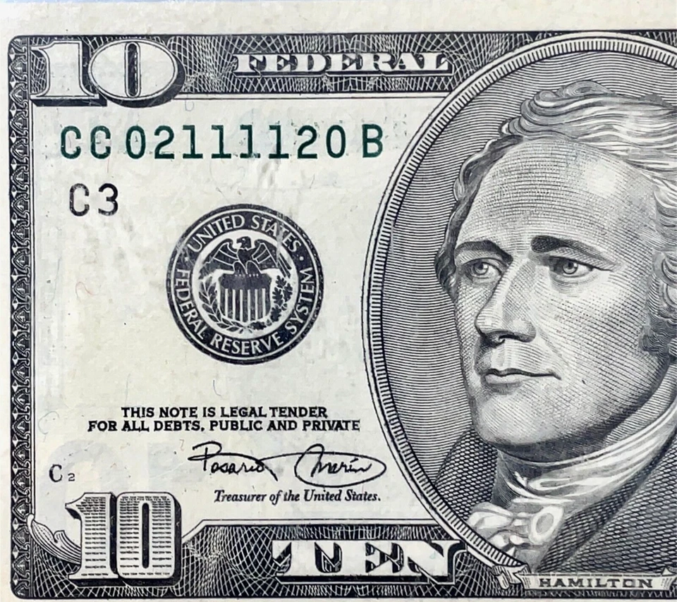 2001 GEM BU. $10 Dollar  Super Outstanding Radar Bill # CC 02 1111 20 B - Image 2 of 4