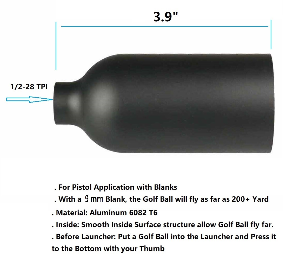 1/2x28 TPI Aluminum Anodized Black Golf Ball Launcher For Glock, 200 Yards +