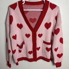 Heart Cardigan Women  s Size Large Oversized Valentine  s Holiday Pockets Pink