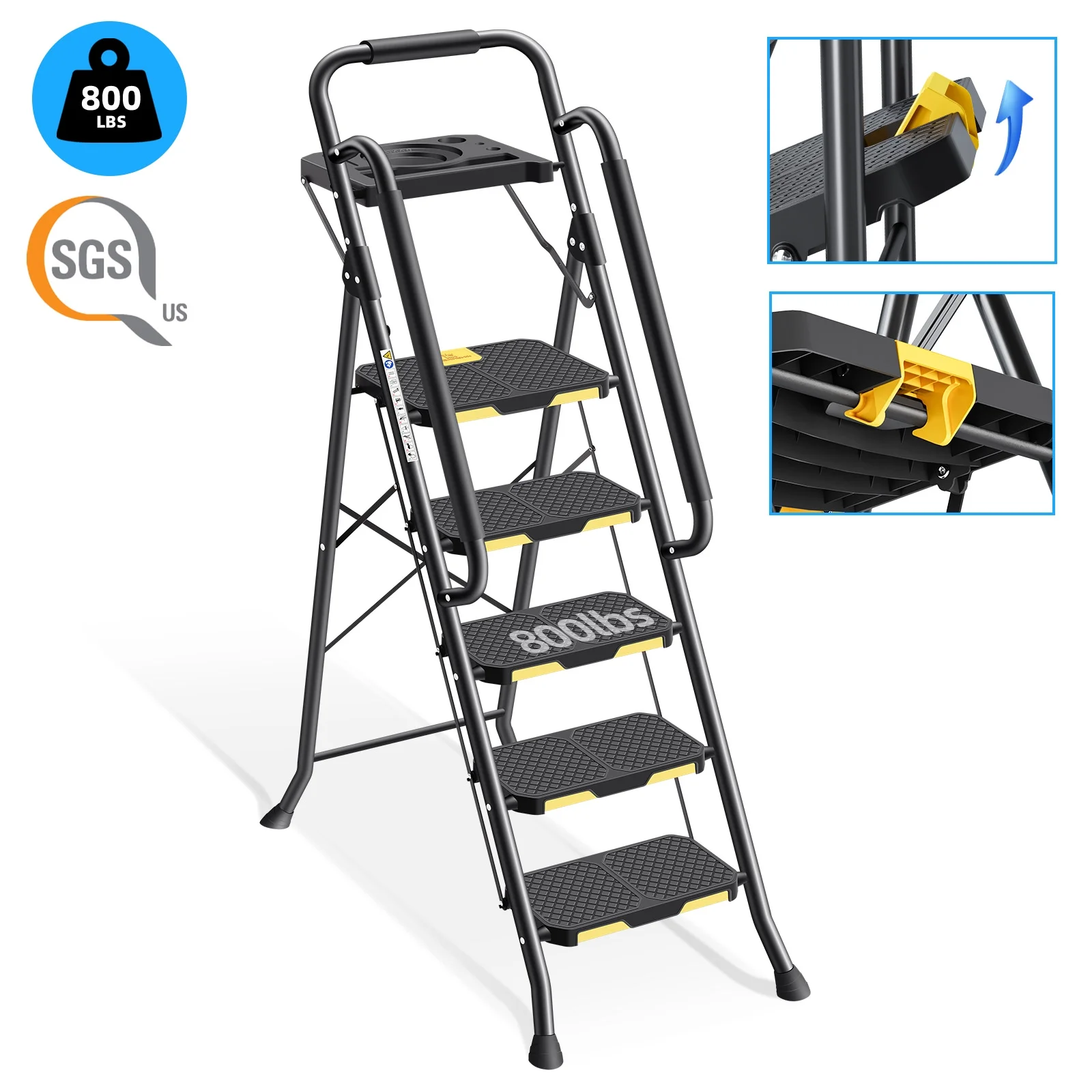 5 Step Metal Ladder with Handrails Tool Platform 800 Lbs Capacity Heavy Duty