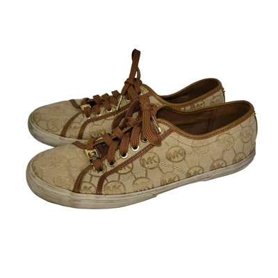 Michael Kors Womens Sz M Brown MK Monogram Canvas Beige Sneakers Preppy  Gold