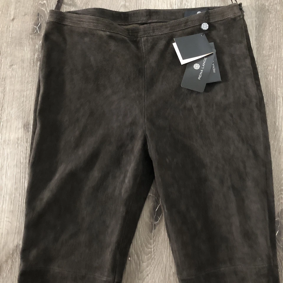 Pantalones Rena Lange 100 % terciopelo cordero gamuza cuero cacao marrón recto cremallera lateral 12 Foto 2 de 4
