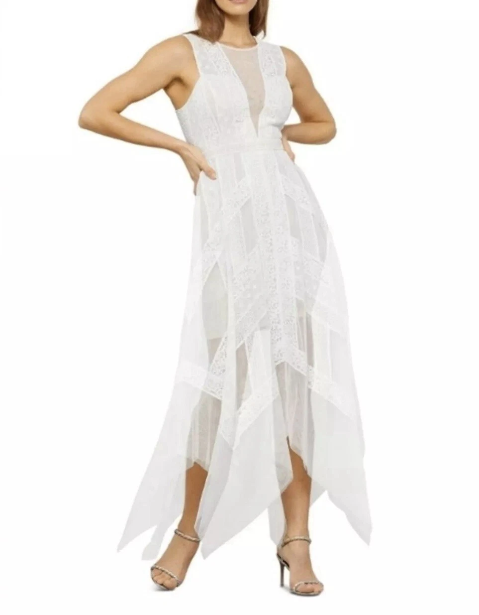 OFF WHITE Maxi abito BCBG MaxAzria Andi bianco sporco pizzo trasparente sera tulle nuovo con etichette taglia 6 398$