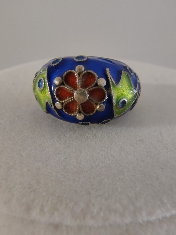 ​Vtg Chinese Export Sterling Silver Cloisonne Enamel Adj Flower Ring Tested 925