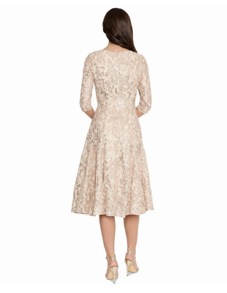 Vestido midi Tahari ASL Tahari para mujer con lentejuelas y cuello corazón - Champagne - 8 Foto 3 de 4