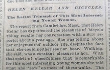 1896 NEWSPAPER CLIPPING #010- HELEN KELLER TELLS OF BICYCLE RIDING