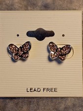 New With Tag Silver Toned W/ Pink Rhinestones Butterfly Post 1/2 In Earrings.J8