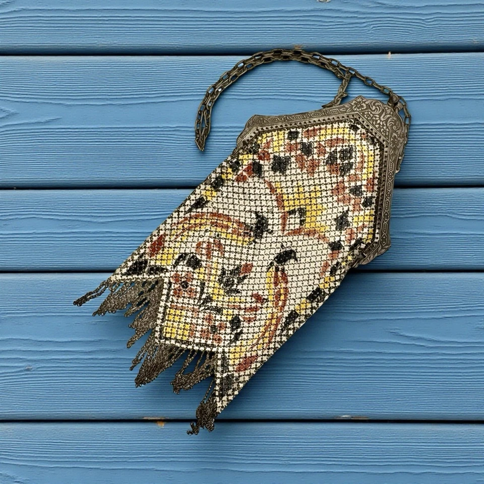 Antique Mandalian Enamel Mesh ART DECO VintageFlapper Purse PEACOCK CRANE BIRD - Image 2 of 4