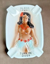Vintage 50's "Turn Me Over" Topless Bottomless Hula Girl Ceramic Ashtray Hawaii