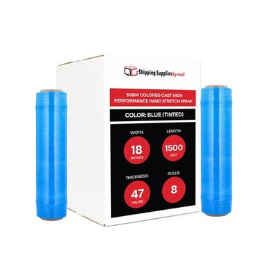 8 RLS Cast Hand Stretch Wrap 18'' x 1500' 47 Ga Bundling Shrink Film  BLUE