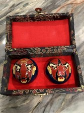 Vintage CHINESE BAODING BALLS with Faces  Case - Chime Therapy Stress Relief