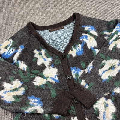Hazel Floral Knit Cardigan Womens L Sweater Brown Blue White V-Neck Button Up