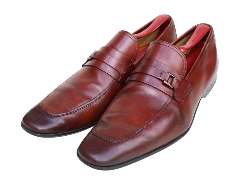 Magnanni Brown Burnished Leather Toe Strap Loafer Sip On Dress Shoe SZ 9M
