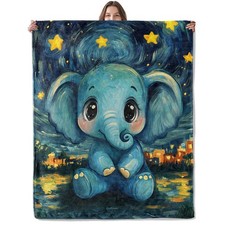 Starry Night Elephant Blanket, Lightweight Comfy Cute Blue Elephants Blankets...