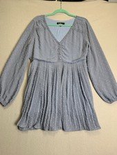 Lulus Poetic Love Dusty Blue Swiss Dot Long Sleeve Pleated Mini Dress Size XL