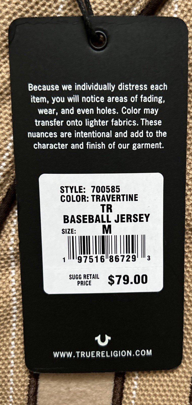 True Religion Baseball Jersey Shirt Men's Size Medium M Travertine Tan NWT $79 thumbnail 6