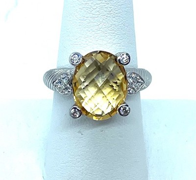 Judith Ripka Sterling Ring Diamonique Citrine sz 8.25 SS 925 Hearts Checkerboard