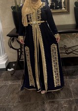 Women's Kaftan Navy Blue Gold Embroidered Dress Middle Eastern Style