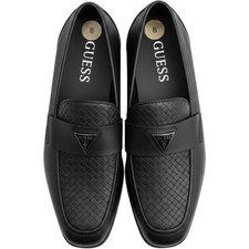Guess Mens Black Woven Texture Penny Loafers Dress Shoes Silver Logo Size 8