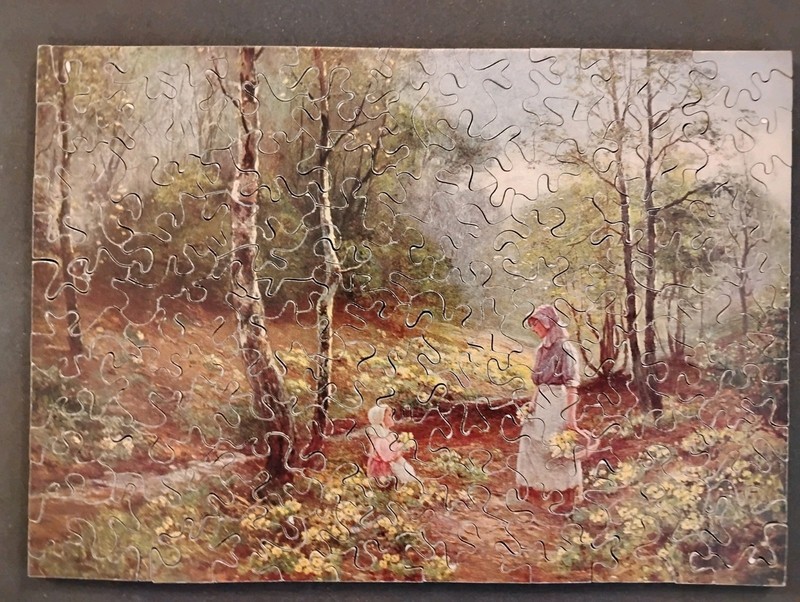 Vintage HUVANCO Wooden Puzzle 103 p COMPLETE  “Gathering Primroses”-NR MINT Cond