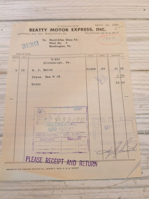 #ad 1957 Beatty Motor Express Inc Receipt H J Heinz Washington Pennsylvania $19.90