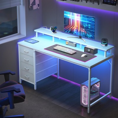 47 Inch Computer Desk with 4 Drawers,4 Drawer Gaming Desk with Power Outlets ...