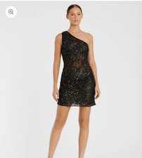 MAC DUGGAL Black One Shoulder Sheer Hand Beaded Mini Dress size 6 NWT