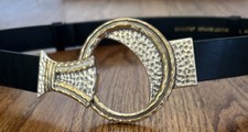 Chico s Black Leather Hammered Adjustable Silver Gold Hook Buckle Belt Sz M/L