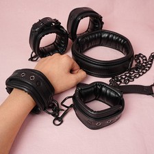 PU Leather Bondage Kit Wrist Handcuffs Ankle Cuffs Restraints Collar Chain BDSM