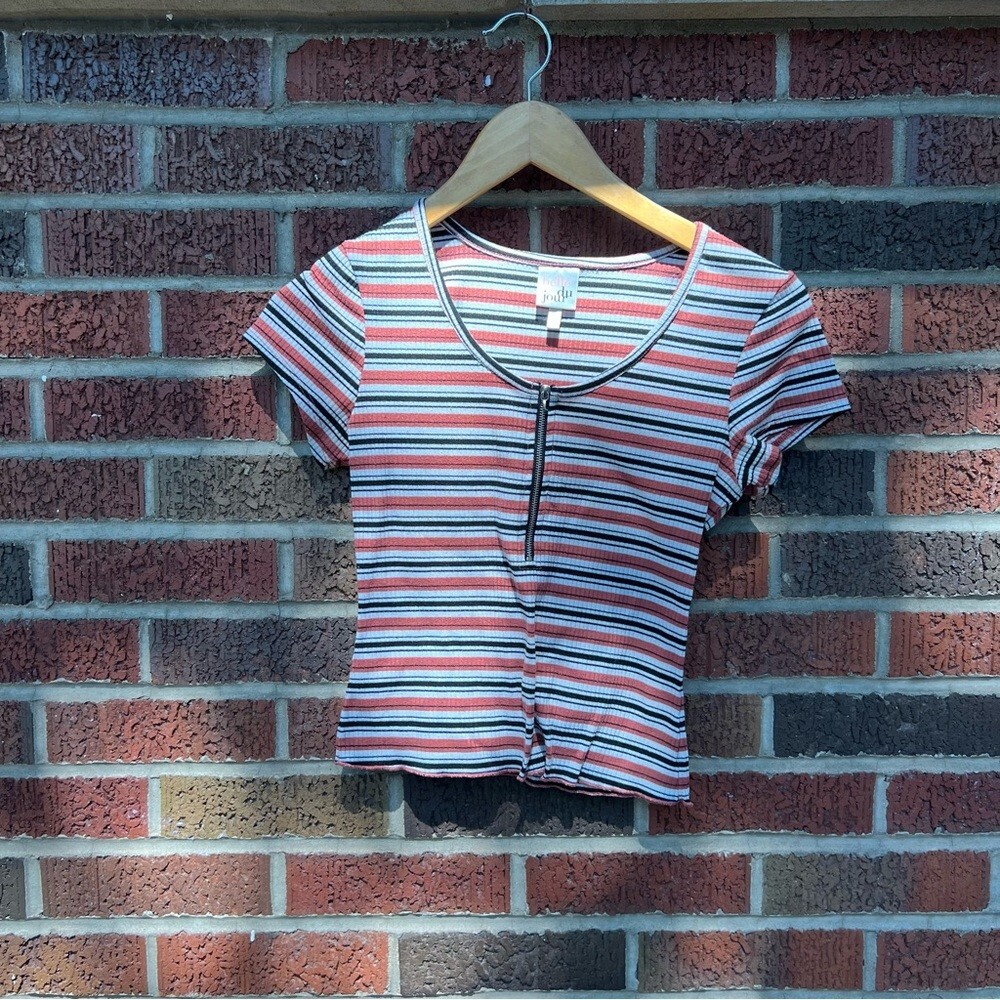 Belle du Jour White Orange and Black Striped Front Zipper Short