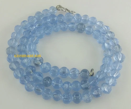 BLUE TOPAZ WATERMELON CARVED 6-7mm HYDRO SMOOTH GEMSTONE BEADS 18"INCH NECKLACE