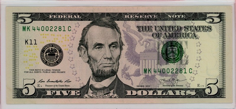 $5 FRN Series 2013 Dallas Fancy MK 44002281 C TRIPLE PAIRS TOGETHER
