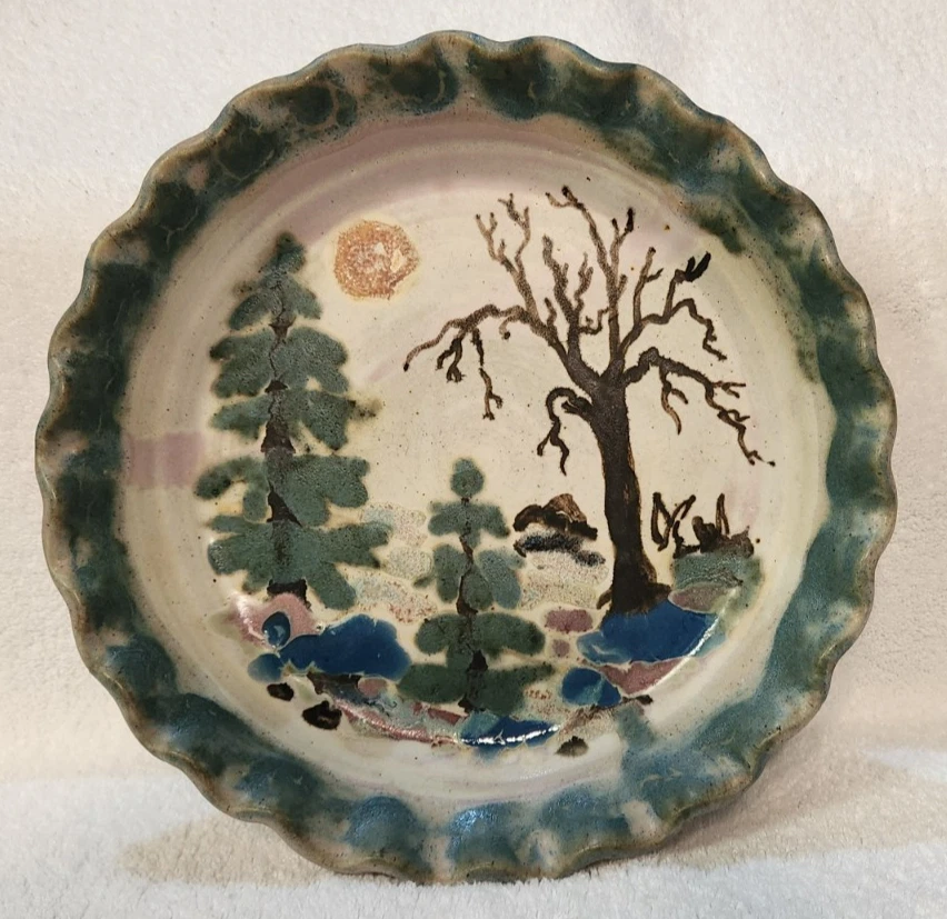Seagrove NC 2003 Ruffle Edge Pie Plate Hand Painted Trees Signed 11"