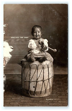 New Mexico NM Tesuque Pueblo Indian RPPC Ameliana Baby Sitting On Drum
