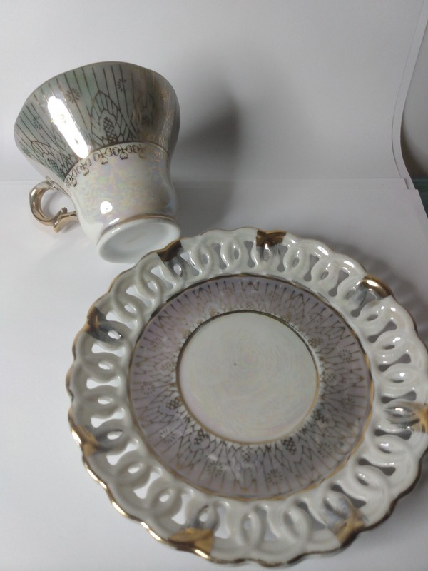 Vintage Iridescent Abstract Teacup and Reticulated Saucer Japan Neat Coffee 