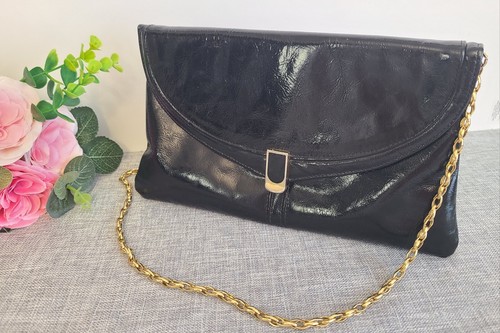 Vintage Jane Shilton Black Leather Envelope Clutch Shoulder Strap Bag