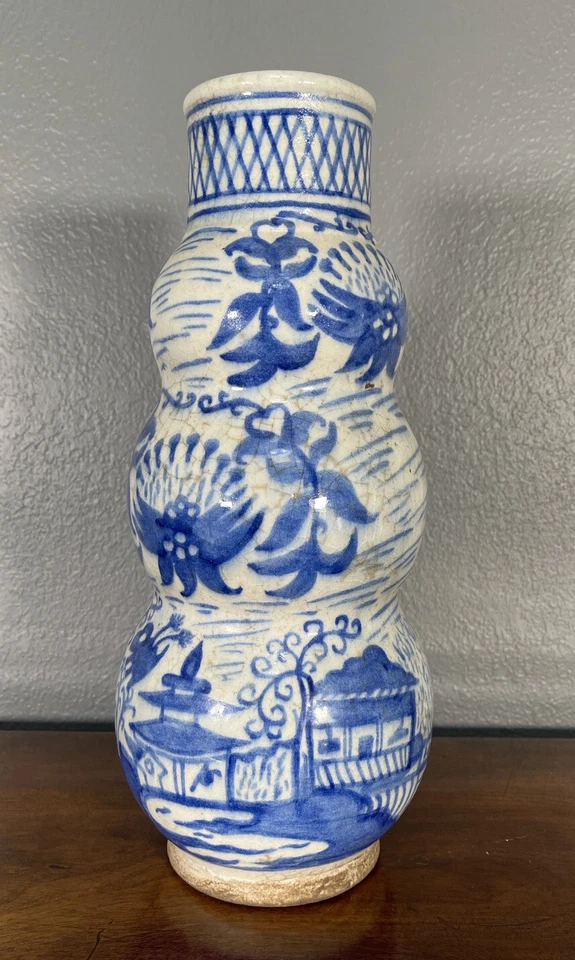 Jarrón antiguo calabaza safávida persa azul blanco estilo chino cerámica siglo XIX Foto 3 de 4