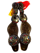 Dark Brown Leather Youth Ladies Spur Straps UNICORN Crystal Rhinestone Conchos