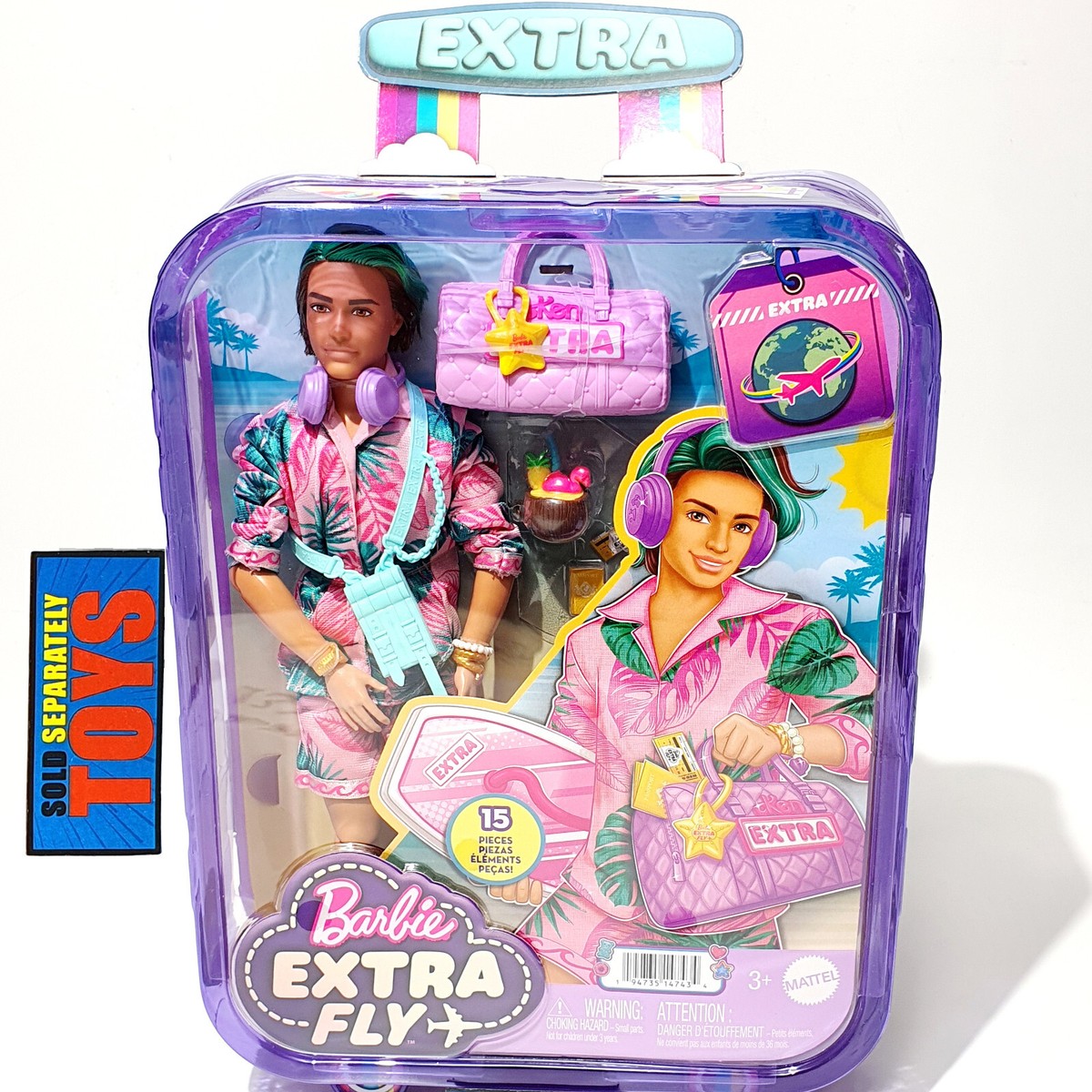 Barbie Extra Fly KEN fashion Doll BEACH GLAM fancy pink travel