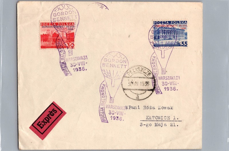 1936 Poland Pelishche Gordon Bennett Contest Ballon Flight Cover to Katowice