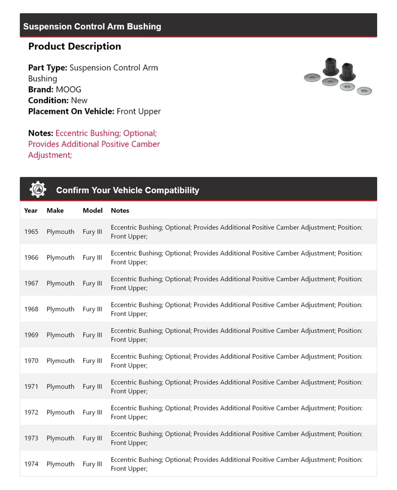 Brazo de control de suspensión delantero superior MOOG para Plymouth Fury III 1965-1974 Foto 2 de 4