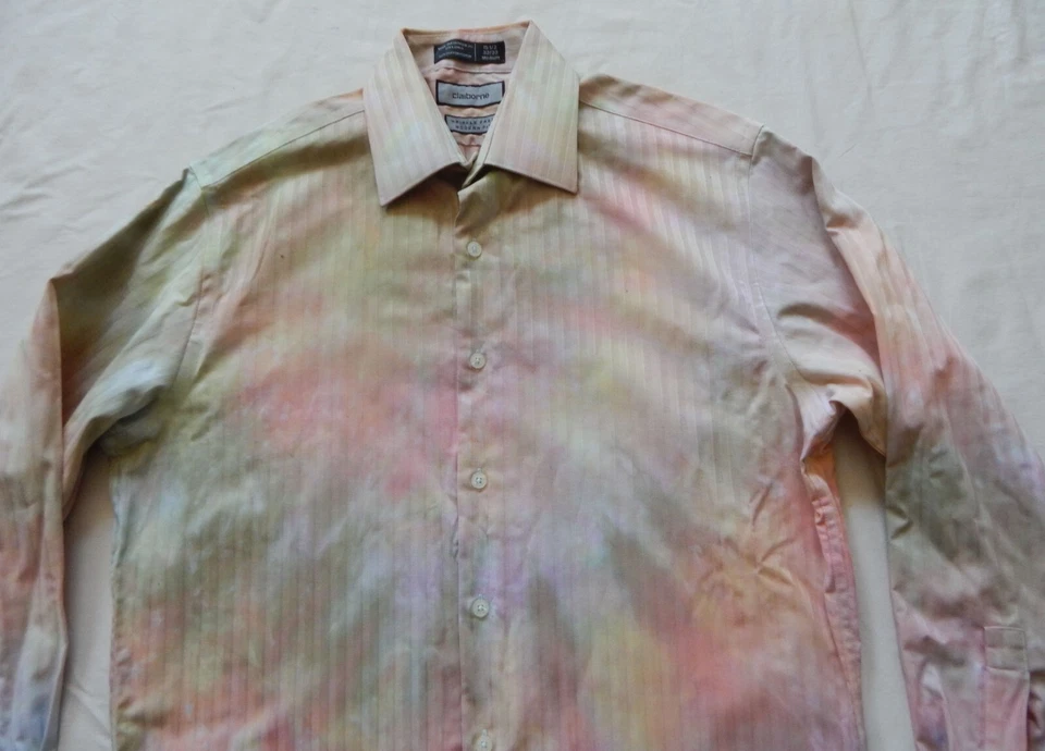 Tie Dye Green Pink Long Sleeve Dress Shirt - Medium Mens Hand Made French Cuffs - Image 4 of 4