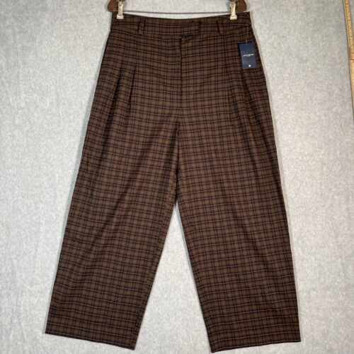 Lucky Brand Wide Leg Pants Medium Brown Plaid Academia Menswear Pleated Trousers - Afbeelding 1 van 17
