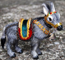 Vtg 5.25" HANDMADE DONKEY BURRO FIGURINE Gold Saddle Ornate Reins REAL GOAT FUR