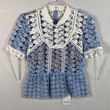 Self-Portrait Petal Panelled Lace Peplum Top Women's Size 4 Blue White Trim NWT