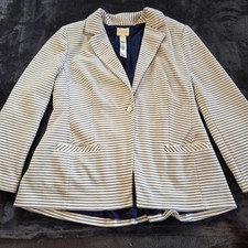 Chico's White with Blue Striped Single Breasted One Button Lace Up Back Blazer 2