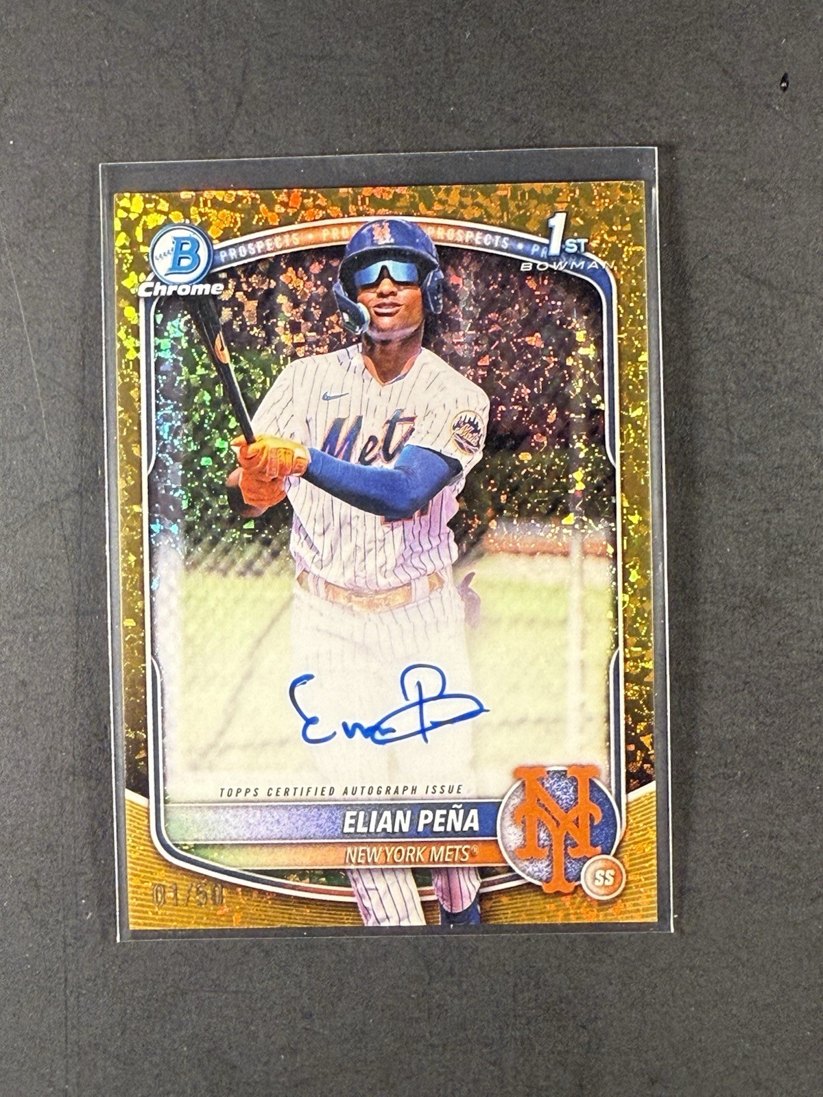 ELIAN PENA 2025 BOWMAN CHROME 1ST GOLD MINI DIAMOND METS AUTO 01/50