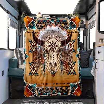 For All Seasons Fleece Blanket with Native American Totem Pattern Printed