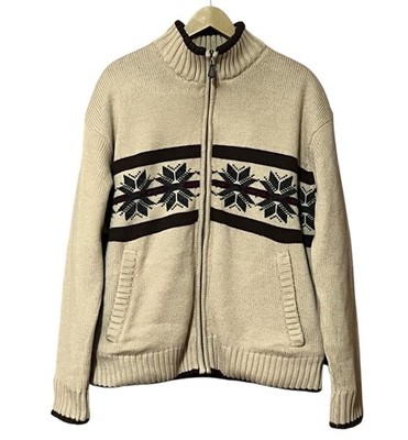 Club Room Mens Snowflake Full Zip Sweater Jacket L Tan Fleece Lined Wool Blend