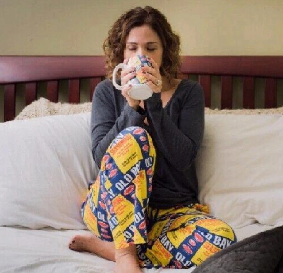 Pantalones de salón Old Bay Fuzzy Can patrón amarillo/azul - NUEVO envío rápido gratuito Foto 3 de 4